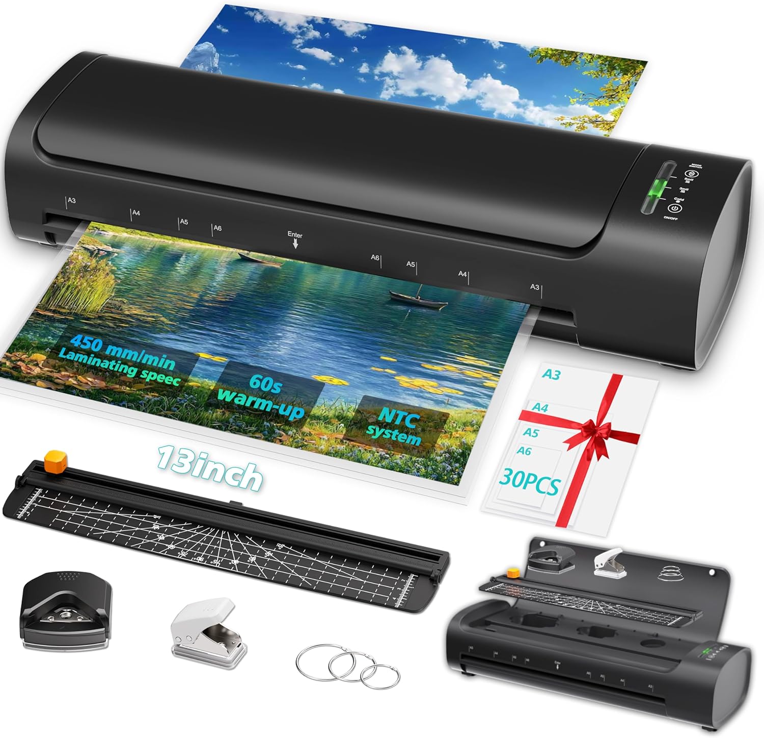 13 Inch Laminator Machine with 30 Laminating Sheets, A3 11-in-1 Hot & Cold Thermal Laminator for Teachers, 60S Fast Warm-Up, 450mm\/min, Never-Jam Design Laminate Machine for Home, Office, School